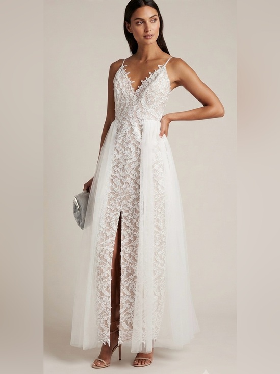 Aidan Mattox Dresses & Skirts - Aidan Mattox White Embroidered Lace V-Neck Gown NWT Size 6 Wedding Formal